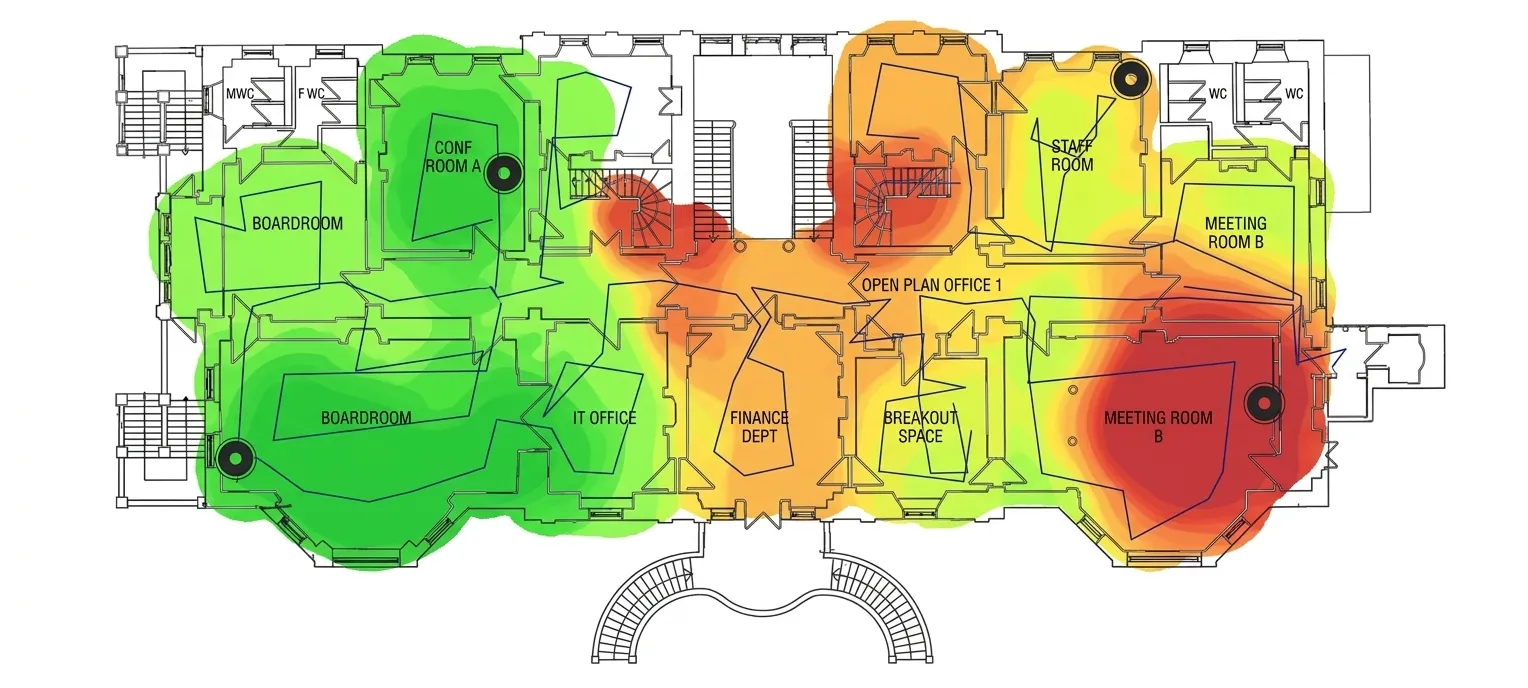 WiFi survey heat map showing signal strength coverage