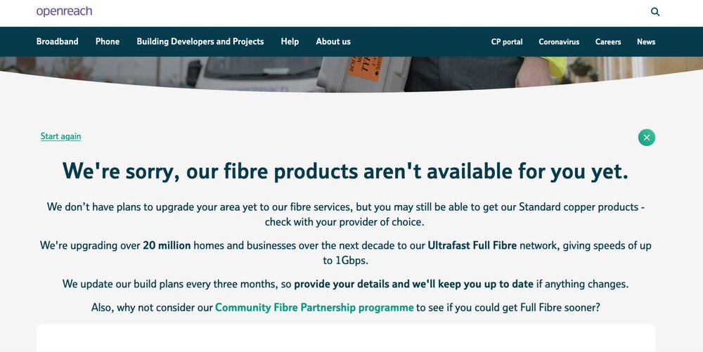 Openreach fibre checker showing fibre products not yet available at a rural UK property — a common result in underserved areas