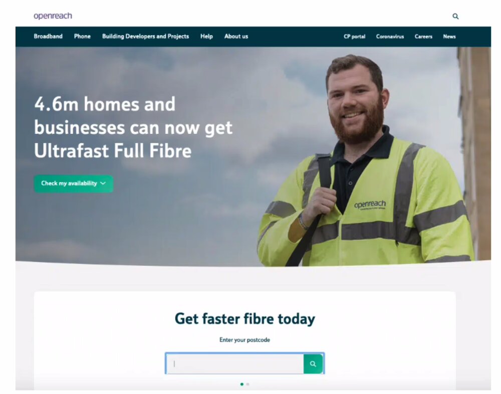 BT Openreach fibre checker homepage — enter your postcode to check ultrafast full fibre availability in your area